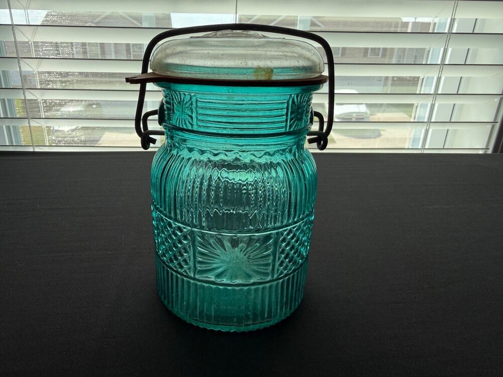 Vintage Avon Aqua Blue Glass Canning Jar Wire Bail Lid Starburst Embossed 1970s